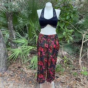Vintage 90s Sheer Black Rayon Pants Floral and Polka Dot Print Passports Size M